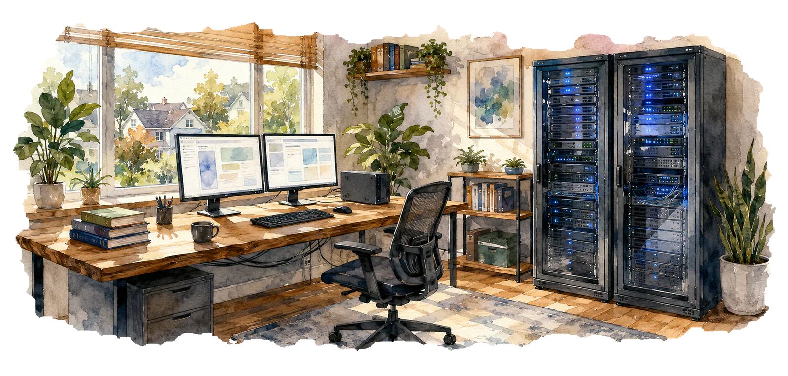 A computer workspace surrounded by server equipment