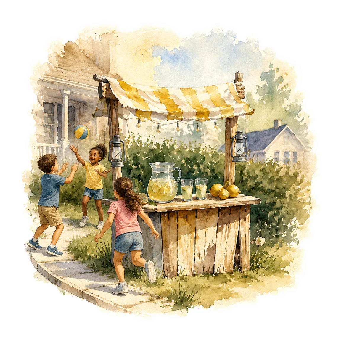 Children gathered around a neighborhood lemonade stand