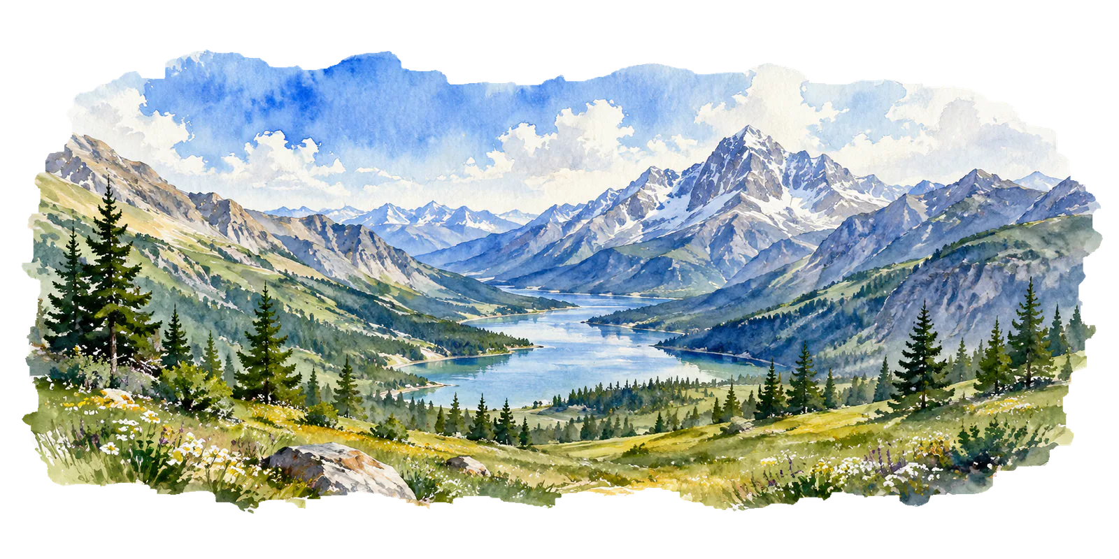 A sweeping mountain landscape beneath a bright sky