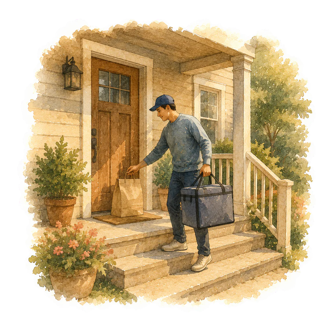 A courier leaving a food delivery at a front door