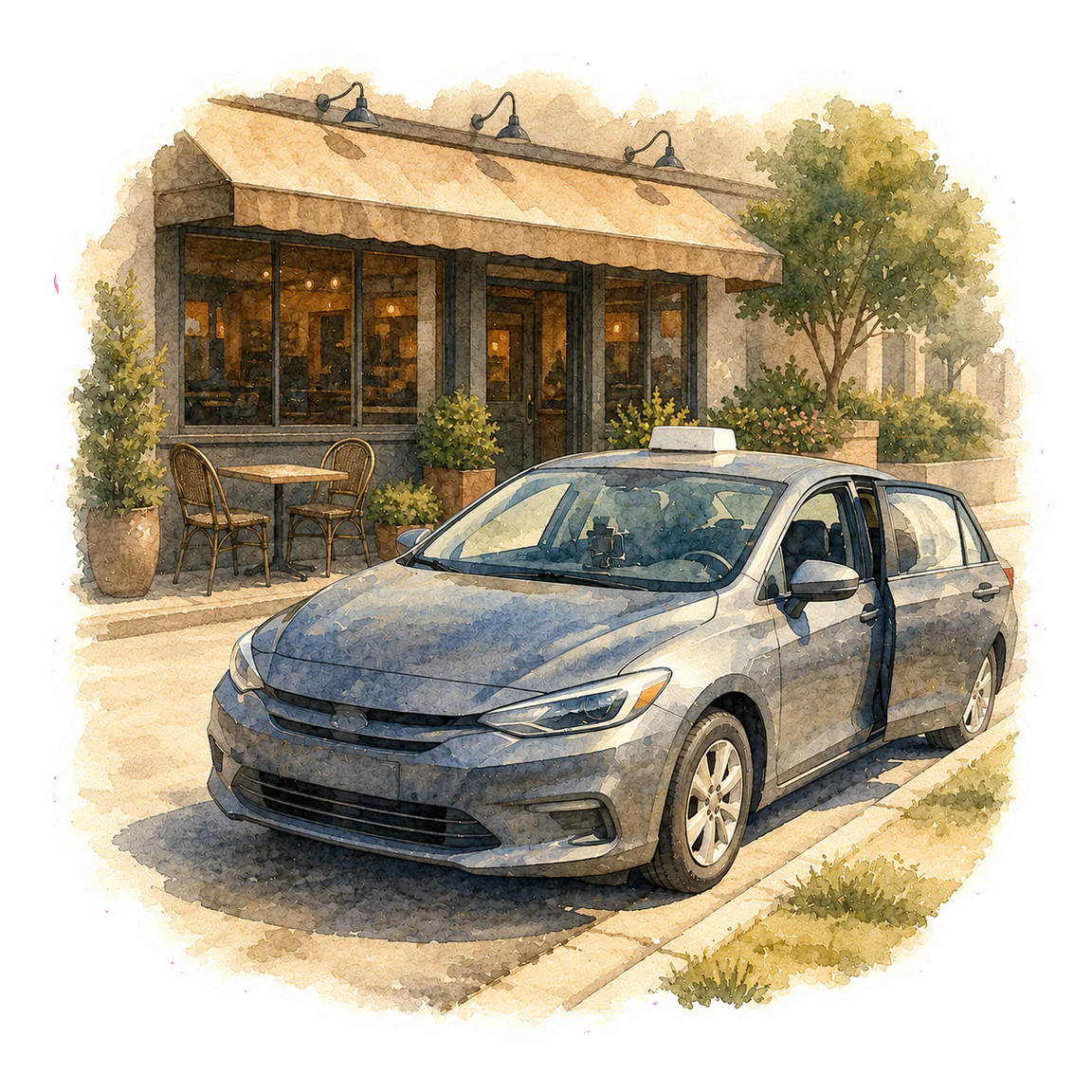 A rideshare car waiting outside a local restaurant